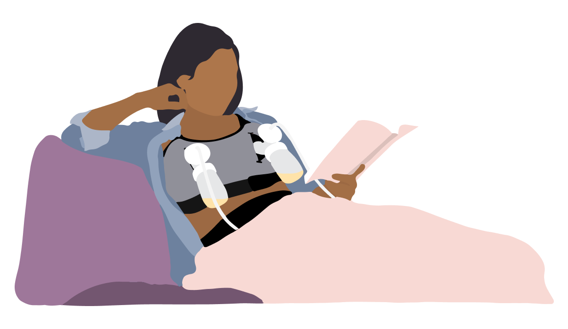 An illustration of a parent pumping hands-free while reading.