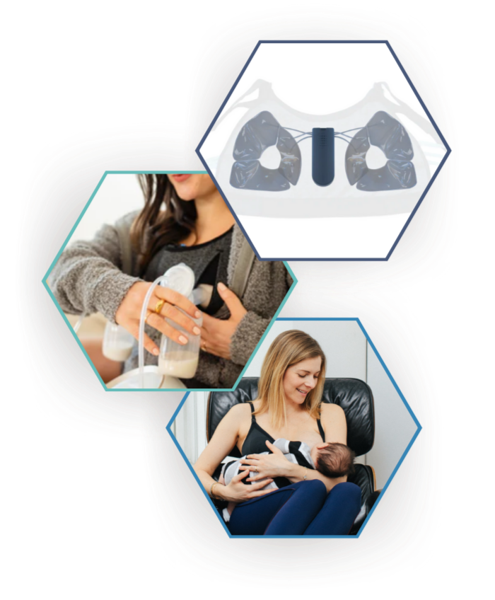The Lilu Massage Bra alongside photos of parents pumping and nursing.