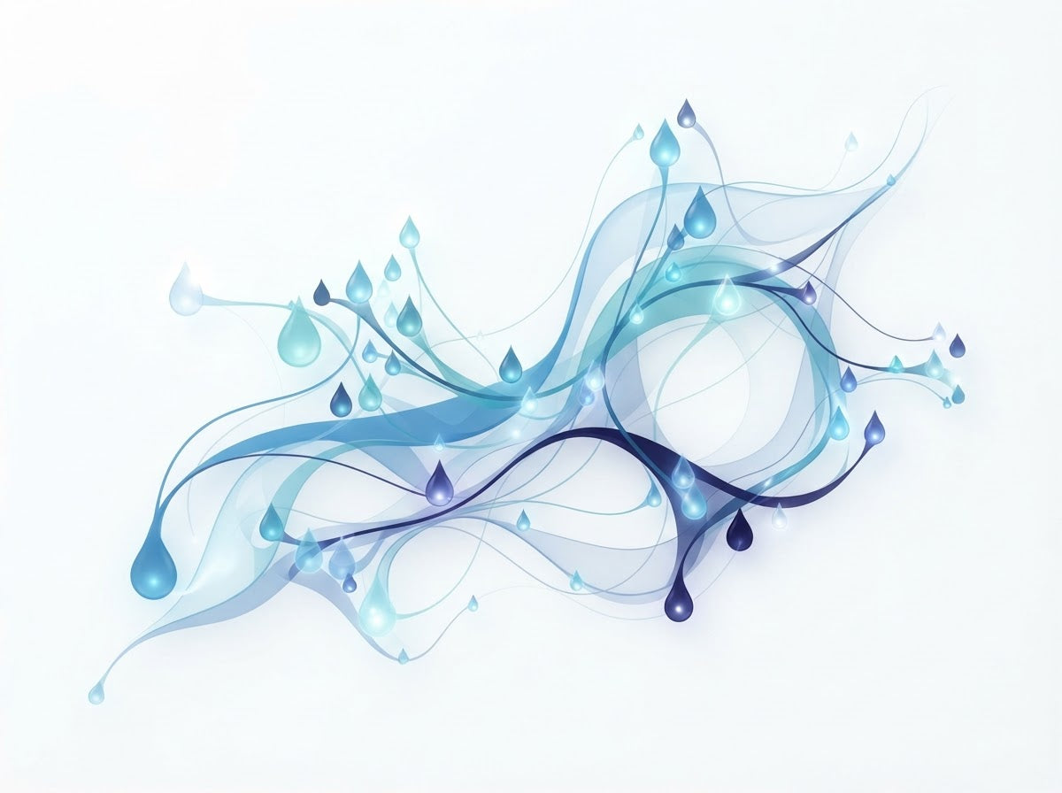 An abstract visualization of lactation research data with flowing curves and droplet nodes.